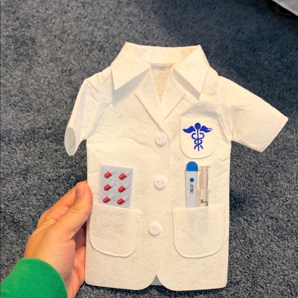 White Doctor Costume Shirt with Medical Tools for a doll or a bottle of wine